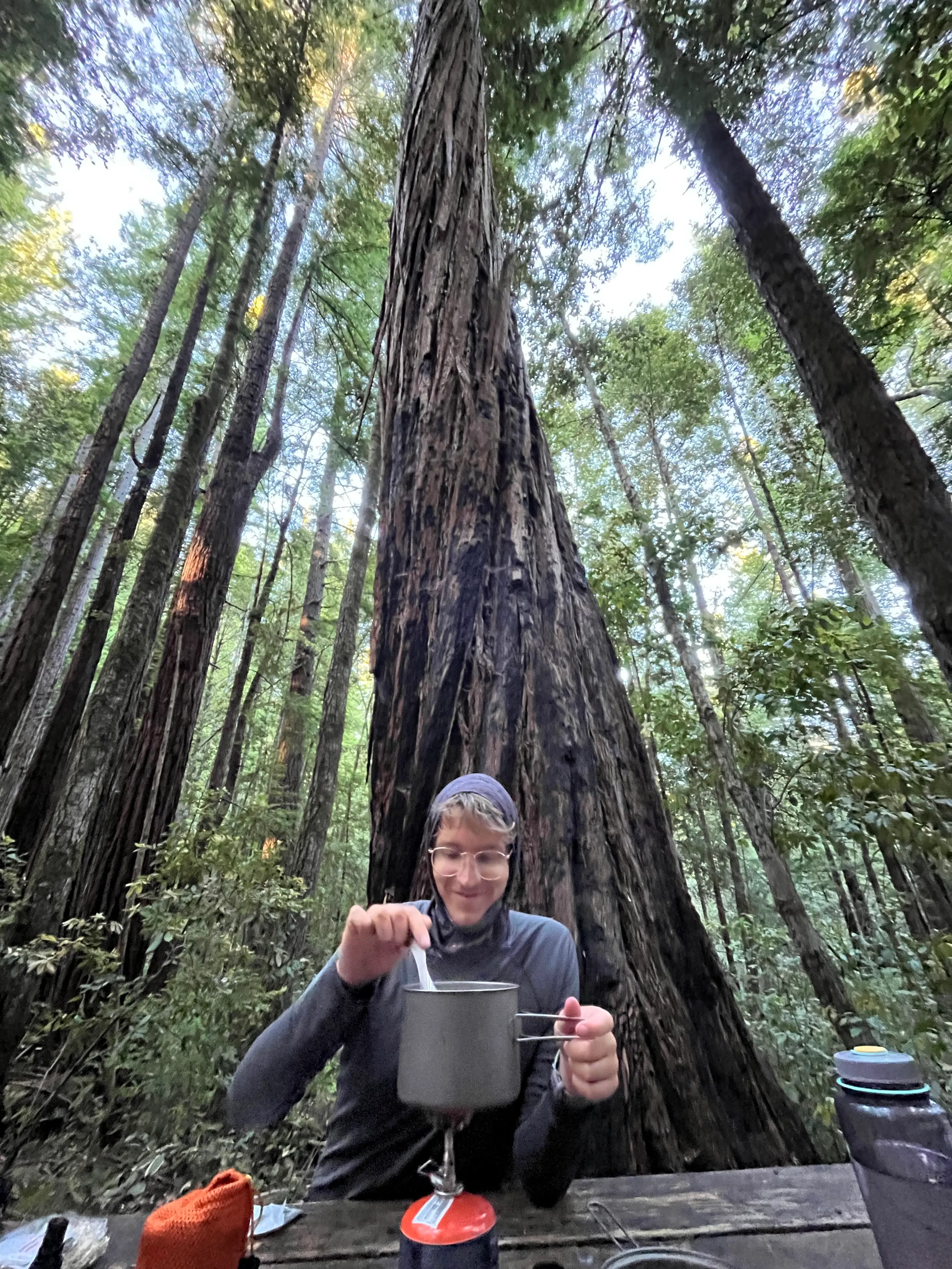 Ben cooking in Redwoods